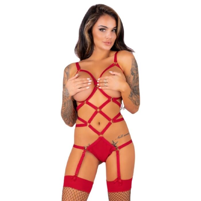 LIVCO CORSETTI FASHION – THIARA LC 20213 CONJUNTO CORPO + MEIAS VERMELHAS S/M
