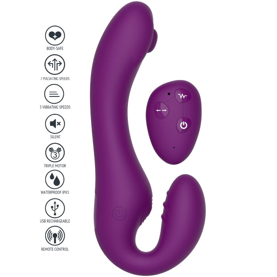 XOCOON – VIBRADOR STRAP-ON 2 EM 1 SEM ALÇAS COM CONTROLE REMOTO ROXO