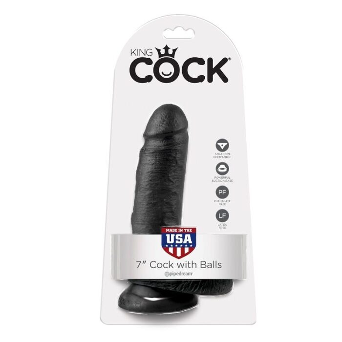 KING COCK – 7 DILDO PRETO COM BOLAS 17.8 CM