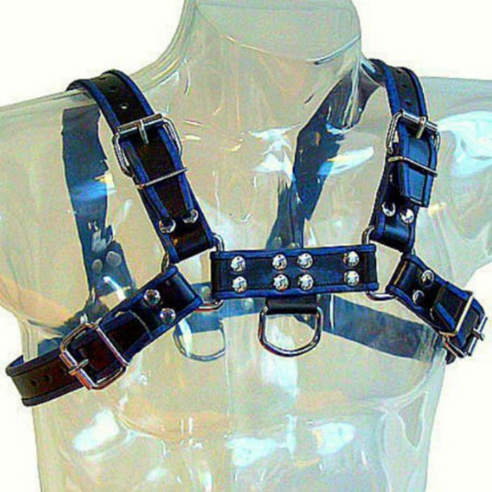 LEATHER BODY – PEITO BULDOGUE CHICOTE DE COURO PRETO / AZUL