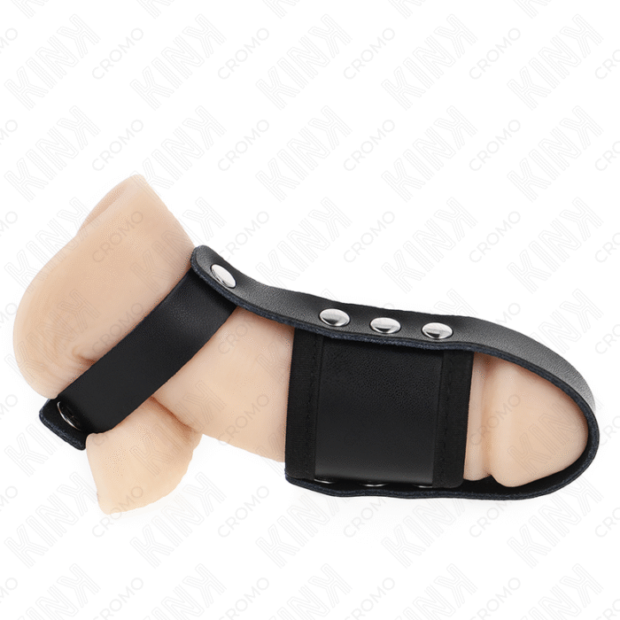 KINK – ANEL DE GAIOLA DE PÊNIS DE COURO COM TIRA DIVISORA DE BOLAS REVESTIDA AJUSTÁVEL