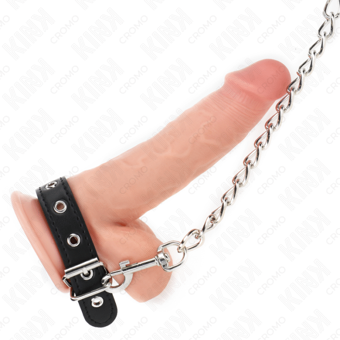 KINK – ANEL DE COURO PARA PÊNIS COM CORRENTE 21,5 X 2 CM E CORRENTE DE METAL 60 CM