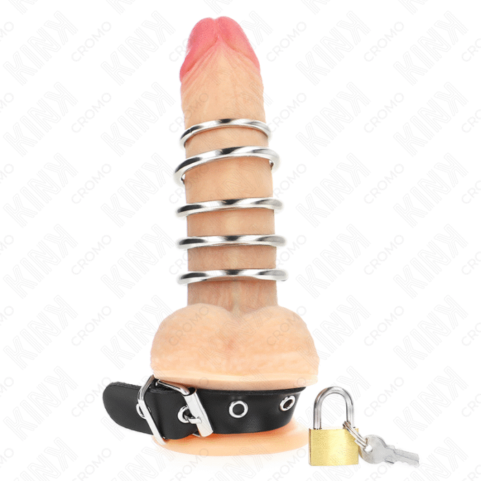 KINK – ANEL DE COURO PARA O PÊNIS COM TIRA DE TRAVA 21 X 2 CM E 5 ANÉIS DE METAL DE 3 CM A 4 CM