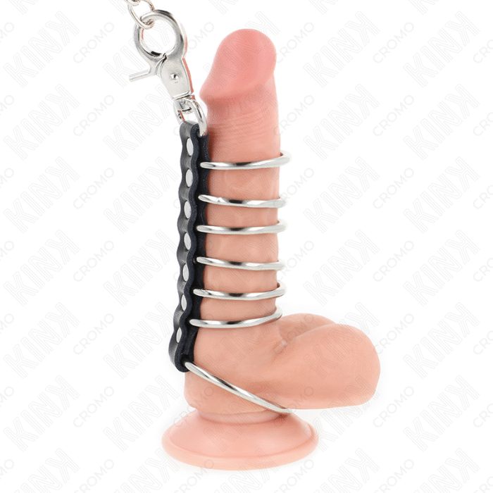 KINK – 7 ANÉIS DE METAL DE 3,8 CM A 5 CM CONECTADOS COM COURO E CORRENTE DE METAL 100 CM