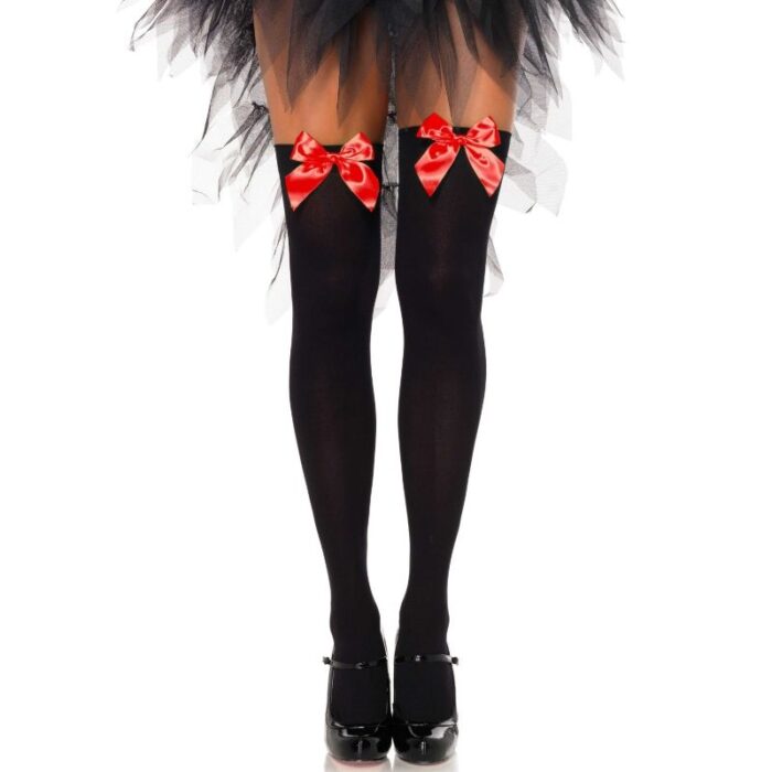 LEG AVENUE – COXAS EM NYLON PRETO COM LAO VERMELHO TAMANHO ÚNICO