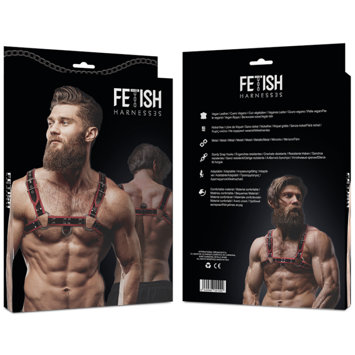 FETISH SUBMISSIVE ATTITUDE – ARNÊS DE PEITO DE COURO ECO MASCULINO PRETO/VERMELHO