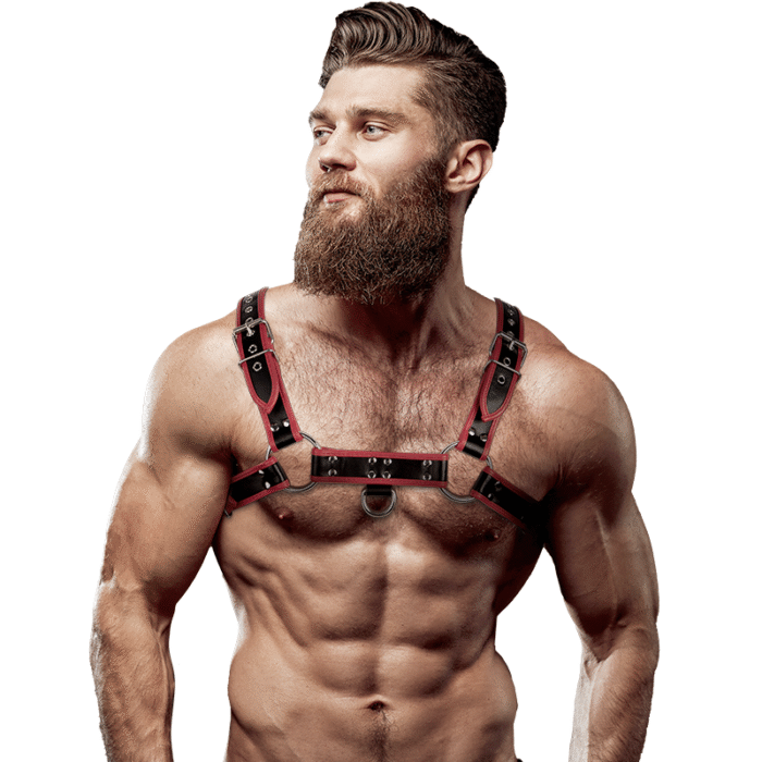 FETISH SUBMISSIVE ATTITUDE – ARNÊS DE PEITO DE COURO ECO MASCULINO PRETO/VERMELHO