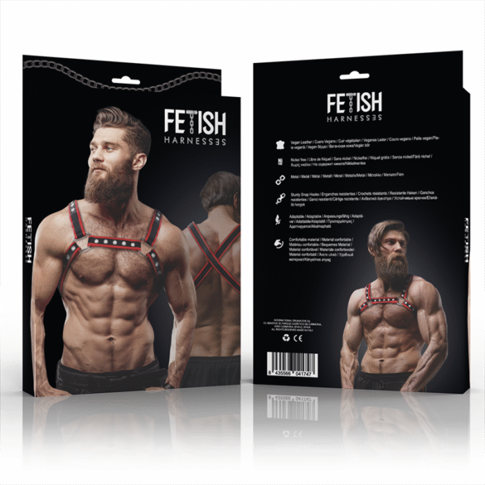 FETISH SUBMISSIVE ATTITUDE – ARNÊS DE BULLDOG DE PEITO DE COURO ECO MASCULINO PRETO/VERMELHO