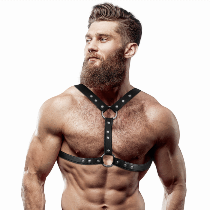 FETISH SUBMISSIVE ATTITUDE – ARNÊS DE PEITO DE COURO ECO COM APOIO DUPLO E PREGOS PARA HOMENS
