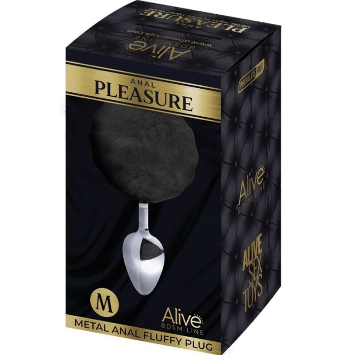 ALIVE – PLUG PRAZER ANAL METAL LISO FLUFFY PRETO TAMANHO M