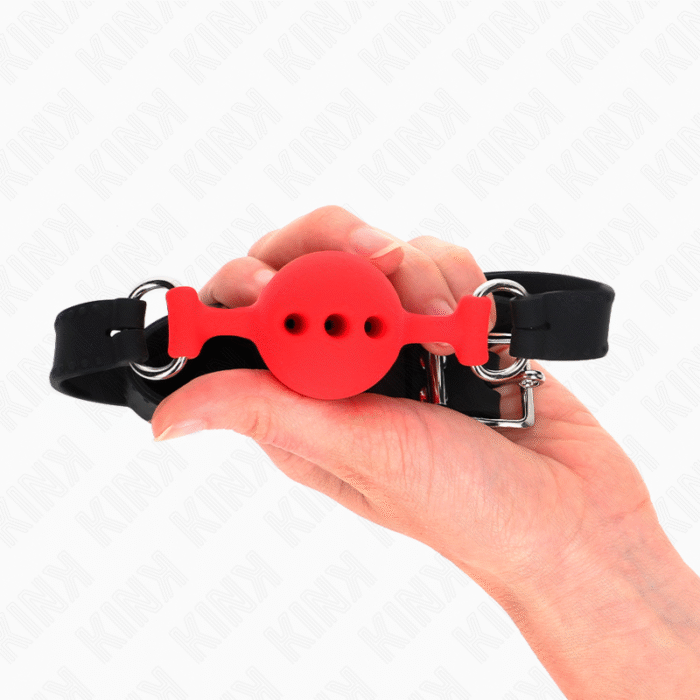 KINK – MORDAÇA COMPLETA DE SILICONE 55 x 2 CM COM BOLA DE 4 CM TAMANHO S VERMELHO AJUSTÁVEL 35-51 CM