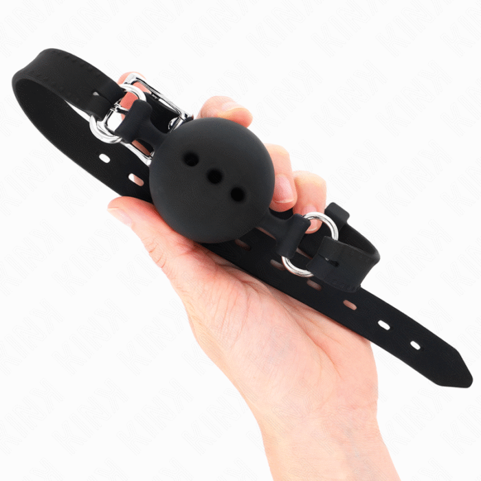 KINK – MORDAÇA COMPLETA DE SILICONE 55 x 2 CM COM BOLA DE 4,5 CM TAMANHO M PRETO AJUSTÁVEL 35-51 CM