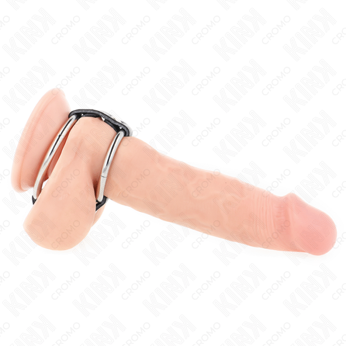 KINK – ANEL DE PÊNIS DUPLO DE METAL DE 3,8 CM A 5 CM CONECTADO COM COURO