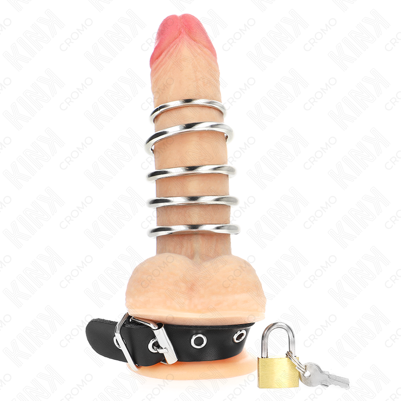 KINK - ANEL DE COURO PARA O PÊNIS COM TIRA DE TRAVA 21 X 2 CM E 5 ANÉIS DE METAL DE 3 CM A 4 CM - Image 2