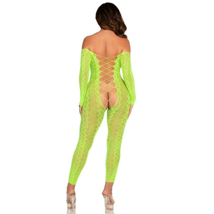 LEG AVENUE – BODYSTOCKING SEM BASE EXÓTICO RENDA DE COBRA VERDE NEON