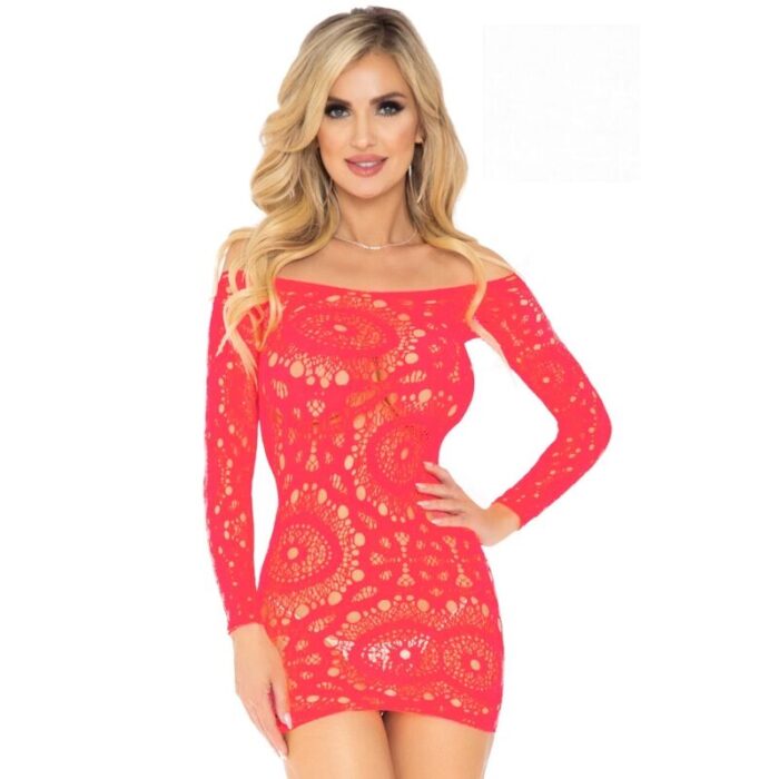 LEG AVENUE – MINI VESTIDO DE CROCHÊ DE RENDA MANGA COMPRIDA VERMELHO TAMANHO ÚNICO