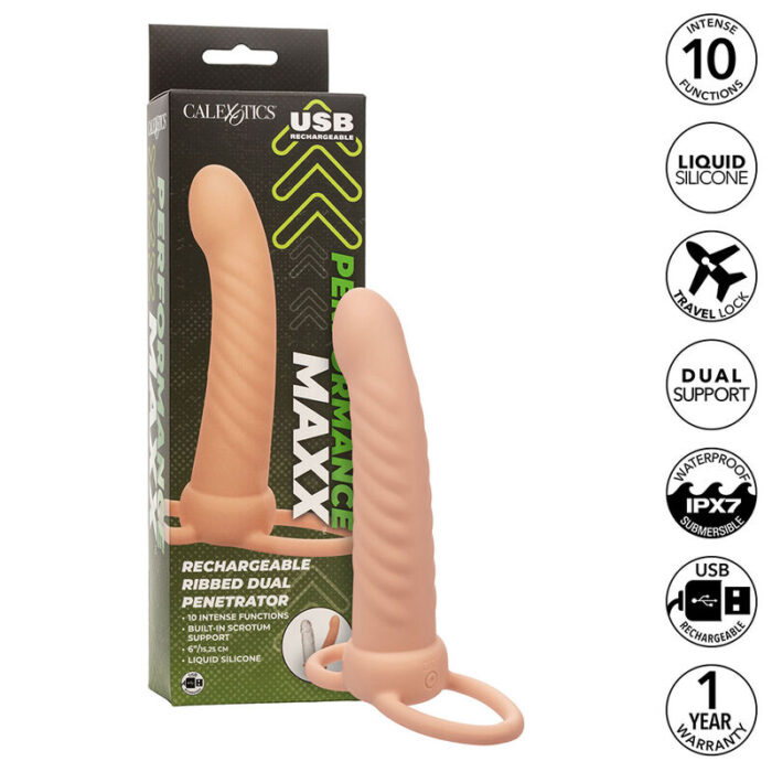 CALEXOTICS – MAXX RIBBED DUAL PENETRATOR 10 VIBRAÇÕES CARNE