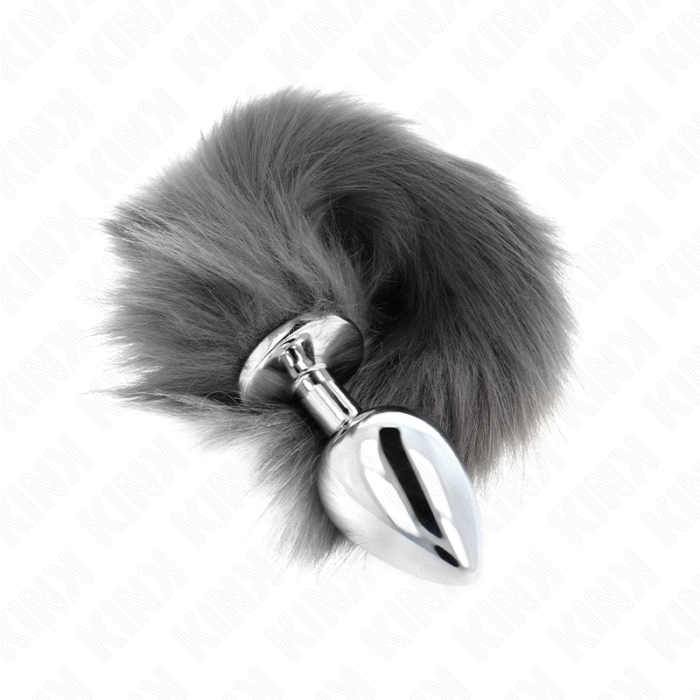 KINK – PLUG ANAL TAMANHO L 10 X 4 CM COM CAUDA SINTÉTICA 40 CM CINZENTO E BRANCO