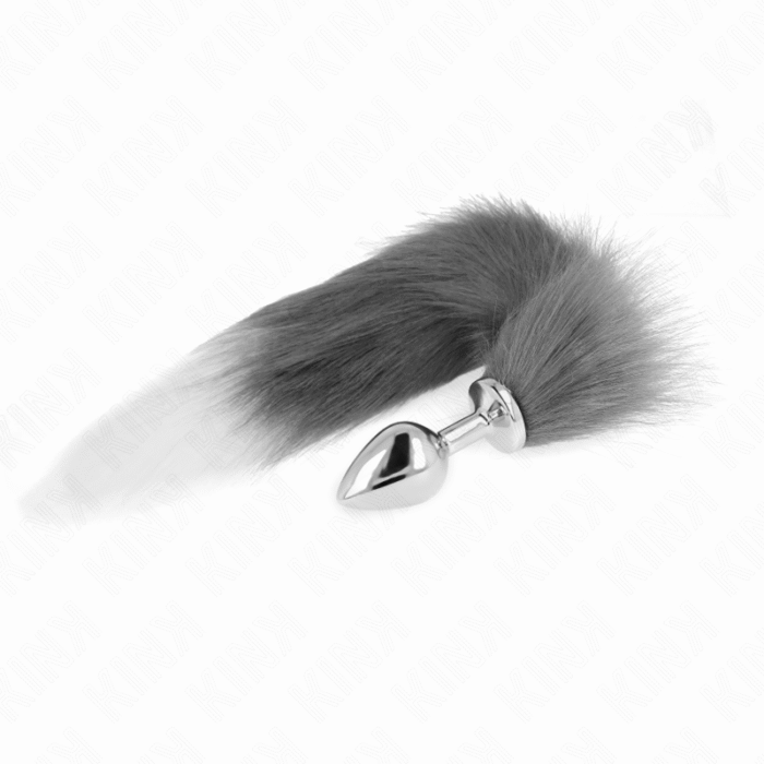 KINK – PLUG ANAL TAMANHO M 8 X 3,5 CM COM CAUDA SINTÉTICA 40 CM CINZENTO E BRANCO