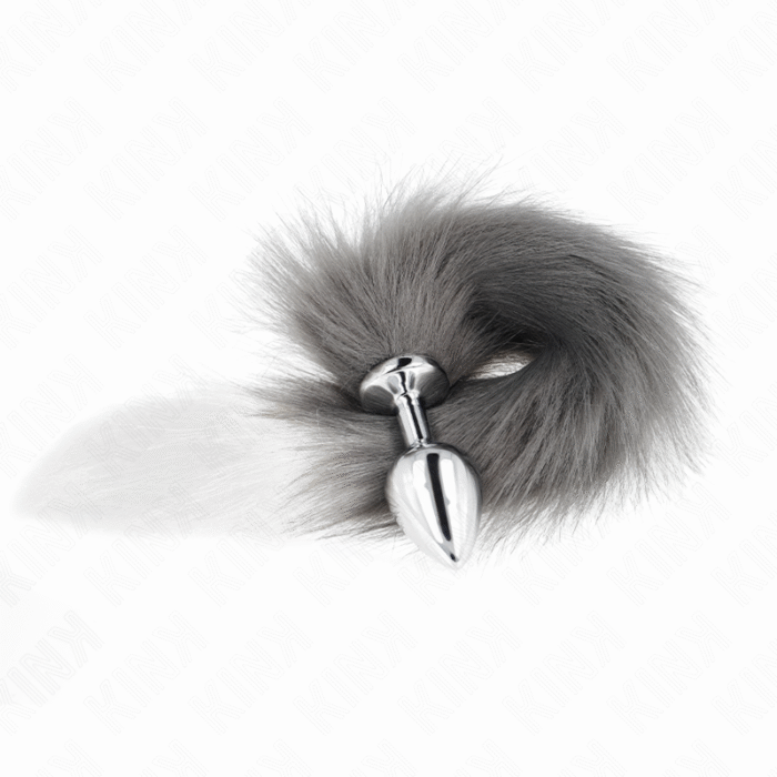 KINK – PLUG ANAL TAMANHO M 8 X 3,5 CM COM CAUDA SINTÉTICA 40 CM CINZENTO E BRANCO